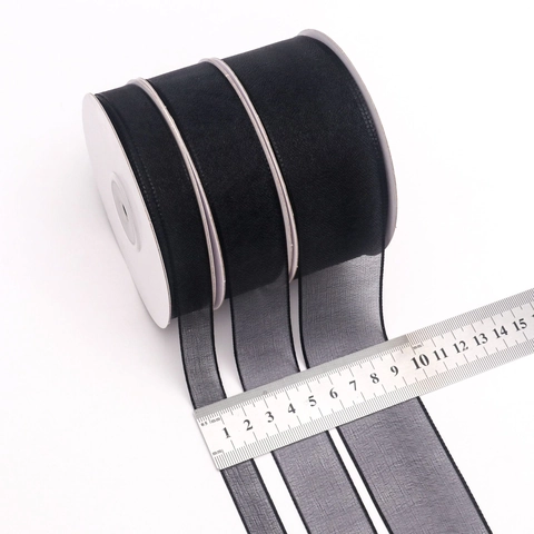 Cinta de Poliéster con Borde Picot Negro Color Sólido Organza Transparente Cinta de Satén para Manualidades DIY Envoltura de Regalos Decoración de Pasteles