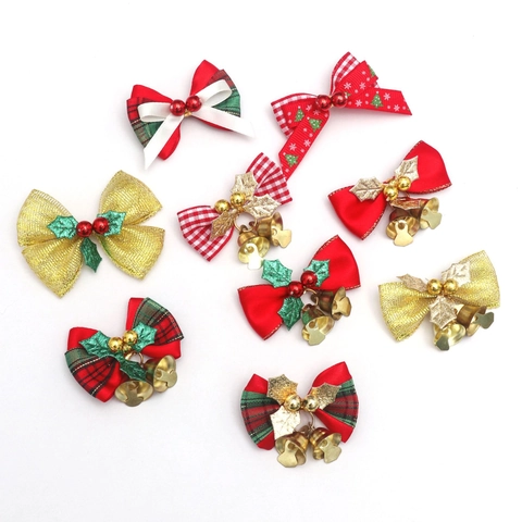 DIY Christmas Bows With Bells Leaves Cherries Ribbon Bowknot For Christmas Tree Garland Gift Wrapping Decoration