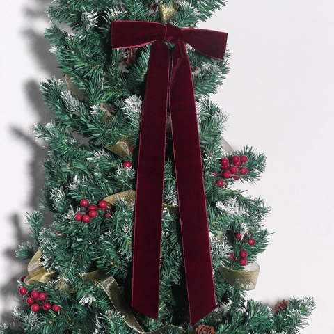 Fiocco per Albero di Natale in Velluto Bordeaux Grande Nastro Con Lunghe Stelle Filanti Per Festa Matrimonio Casa Fai Da Te