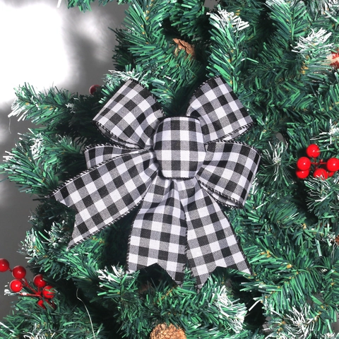 Weihnachten Buffalo Karo Schleife Schwarz Weiß Gingham Leinenband Kranz Ornament Weihnachtsbaumspitze Deko Feiertag Dekoration