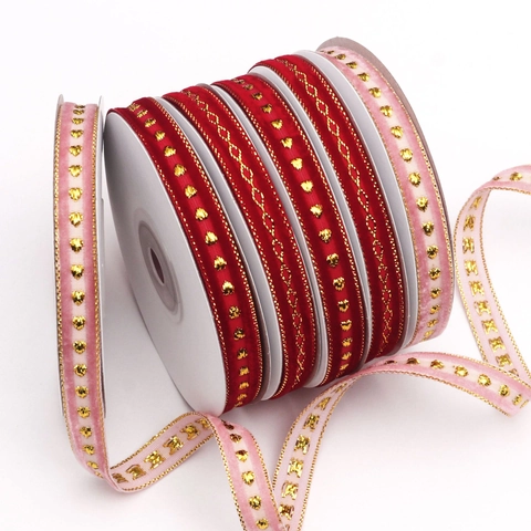 Luxury Velvet Gold Heart Embroidered Ribbon For DIY Gift Box Packaging Decoration Wedding Valentine Day Webbing Accessories