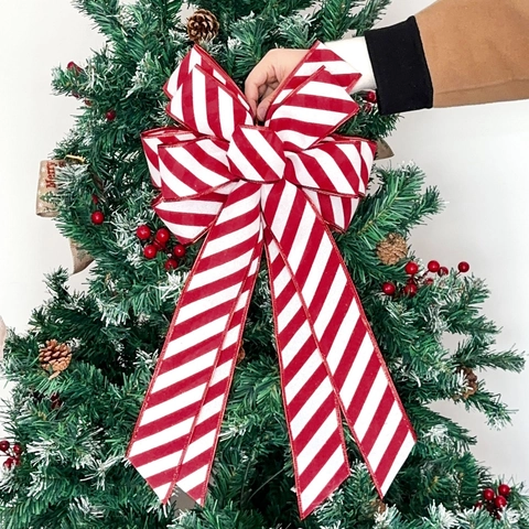 Large Christmas Tree Topper Bow Red White Diagonal Striped Faux Linen Decorative Bow For Holiday Party Wreath Ornament