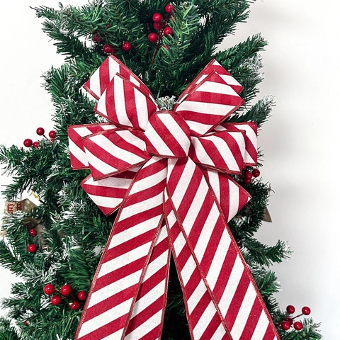 Large Christmas Tree Topper Bow Red White Diagonal Striped Faux Linen Decorative Bow For Holiday Party Wreath Ornament