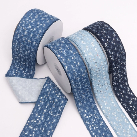 Nastro in Denim con Paillettes Blu Gradiente Pois Tessuto Decorativo per Fiocchi Fai da Te Accessori Capelli Abbigliamento Decorazione
