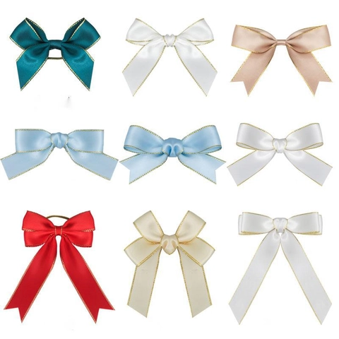 Handmade Satin Ribbon Bows With Gold Edge Double Layer Swallowtail Bow For Gift Box Flower Packaging Christmas Tree Decor