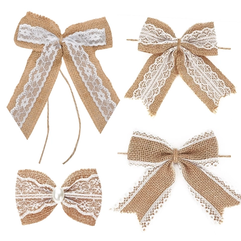 Handmade Rustic Burlap Lace Bow Knot Decoration Vintage Swallowtail Jute Bows For Christmas Tree Wedding Party Gift DIY Accessories