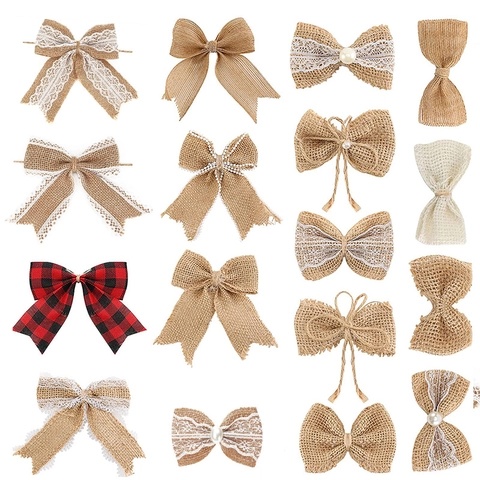 Handmade Rustic Burlap Lace Bow Knot Decoration Vintage Swallowtail Jute Bows For Christmas Tree Wedding Party Gift DIY Accessories