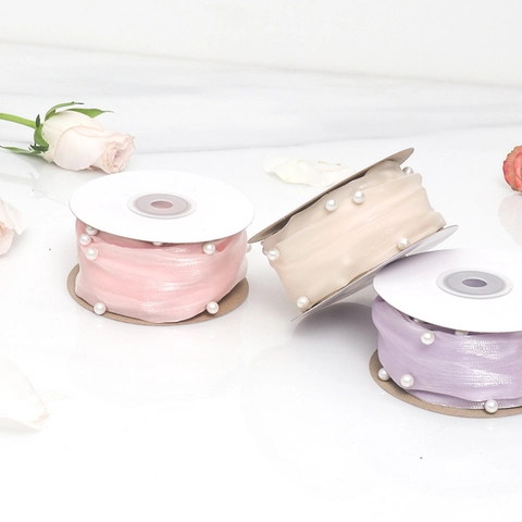 Polyester Organza Ribbon With Artificial Pearl Trim For DIY Crafts Wedding Gift Wrapping Flower Bouquet Cake Decorating Accessory