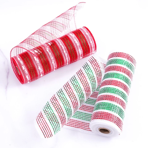 Christmas Deco Mesh Ribbon Metallic Striped Mesh Roll For Wreaths Gift Wrapping Christmas Tree Party Decoration Supplies