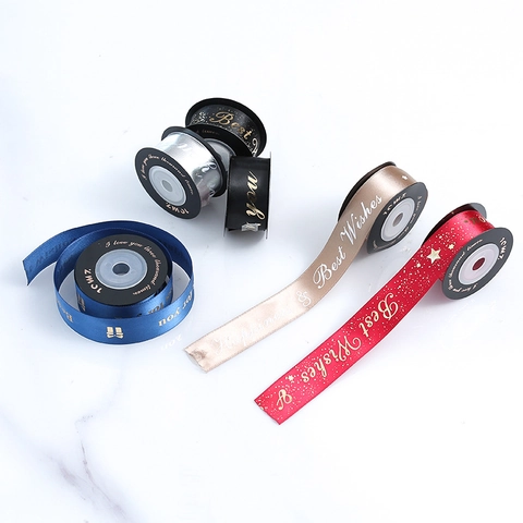 Vergoldeter Buchstabendruck Satinband Dekolatif Polyesterband Für Geschenkbox Blumenverpackung Hochzeit Party Dekoration Glück Beste Wünsche Muster Band