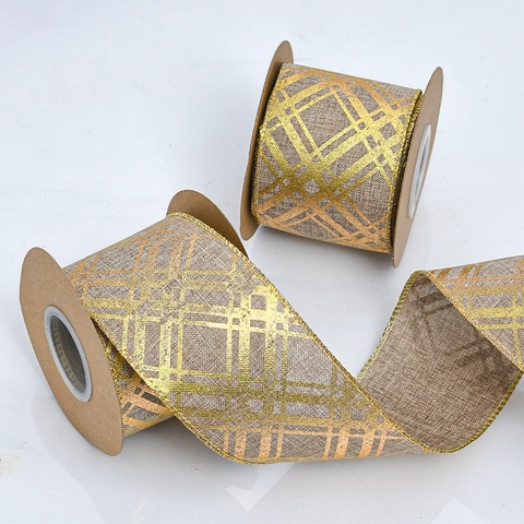 Leinenoptik Drahtkante Band Goldprägung Karomuster Deko Band Für Geschenkverpackung Weihnachten Hochzeit DIY Basteln Party