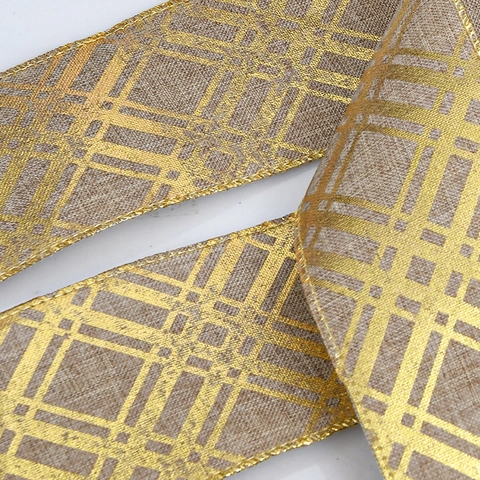 Leinenoptik Drahtkante Band Goldprägung Karomuster Deko Band Für Geschenkverpackung Weihnachten Hochzeit DIY Basteln Party