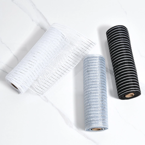 Rouleau de Maille en Polyester Décoratif de Noël Avec Fil Métallique Argenté pour Couronnes Emballage Cadeau Décor de Fête Maison