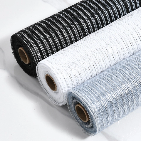 Rouleau de Maille en Polyester Décoratif de Noël Avec Fil Métallique Argenté pour Couronnes Emballage Cadeau Décor de Fête Maison