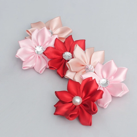 Fiori di Rosa in Nastro di Poliestere Fatti a Mano Con Centro di Perle Artificiali e Strass per Accessori Capelli Fai-da-Te