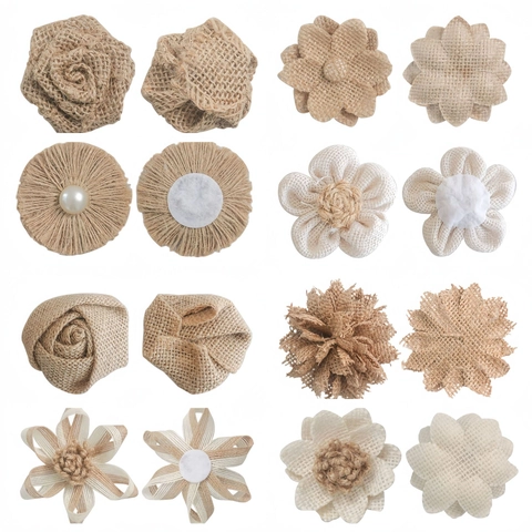 Handmade Burlap Jute Flowers Bows With Lace Artificial Pearl Rustic Rose Floral For Christmas Wedding Party DIY Craft Decoration Ornaments