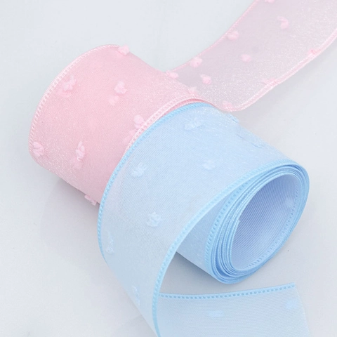 Transparent Organza Ribbon With Flocked Polka Dot Pom Poms For DIY Craft Gift Wrapping Wedding Party Hair Bow Material