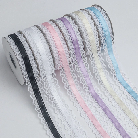 Floral Lace Ribbon With Central Satin Trim Polyester Embroidery Decorative Webbing For DIY Craft Sewing Wedding Gift Decoration
