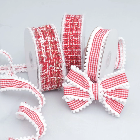 Nastro in Tweed Rosso Bianco Filo Metallico Oro Paillettes Plaid Bordo con Pom Pom per Confezioni Regalo Accessori Capelli DIY Natale