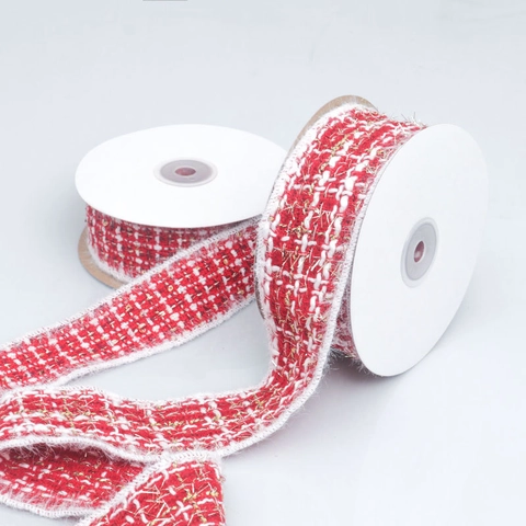 Nastro in Tweed Rosso Bianco Filo Metallico Oro Paillettes Plaid Bordo con Pom Pom per Confezioni Regalo Accessori Capelli DIY Natale