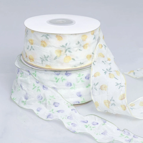 Blumen Plissee Organza Band Mit Metallkante Tulpenmuster Transparentes Gurtband Für DIY Haarschleifen Geschenkverpackung Dekor