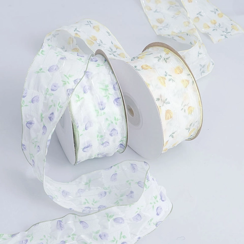 Blumen Plissee Organza Band Mit Metallkante Tulpenmuster Transparentes Gurtband Für DIY Haarschleifen Geschenkverpackung Dekor