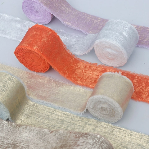 Handgemachtes Metallisch Ausgefranstes Band Goldgeprägtes Chiffon Samtband Für Hochzeitsstrauß Geschenkbox Einladung DIY Deko