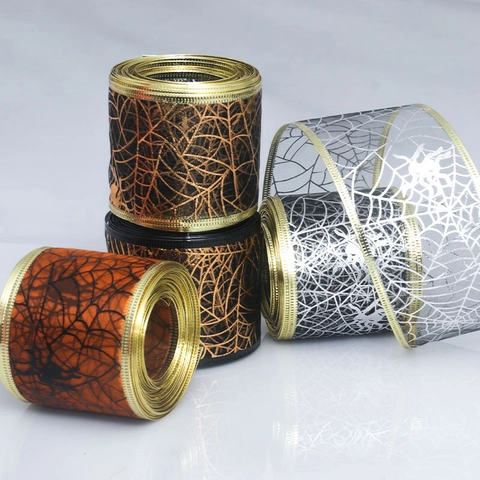 Halloween Mesh Ribbon Wired Edge Pumpkin Spiderweb Witch Ghost Patterns For Festive Party Home Decor Gift Wrapping Craft