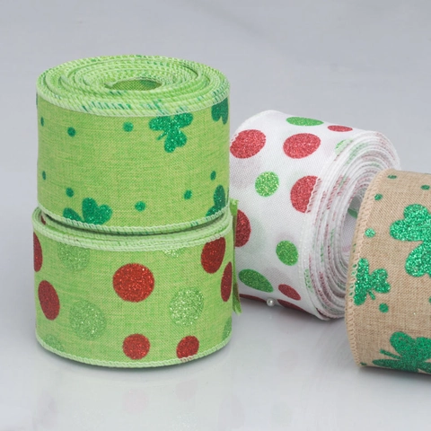 Easter St Patrick's Day Wired Edge Burlap Ribbon Clover Polka Dot Egg Pattern Decorative Ribbon For Gift Wrapping DIY