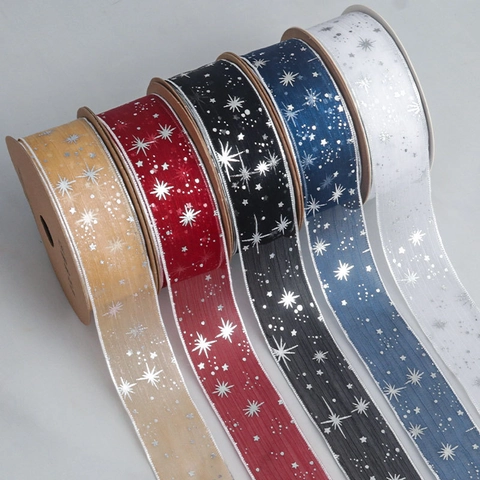 Cinta de Gasa con Estampado de Plata Cielo Estrellado para Embalaje de Flores de Bricolage Accesorios de Lazo Cinta Decorativa