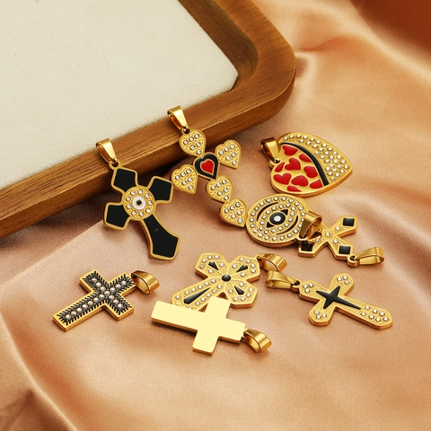 Stainless Steel Cross Pendant With Enamel Rhinestone Gold Plated Anchor Evil Eye Heart DIY Jewelry Making Pendants
