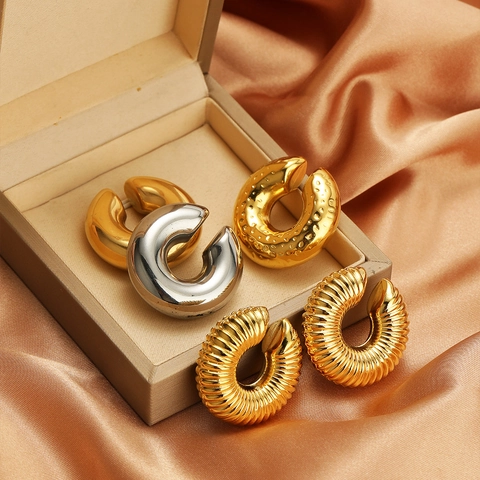 Chunky Stainless Steel C-Shape Ear Clips Gold Silver Plated Spiral Hammered Textured Non Pierced Earrings For Women Vintage Jewelry