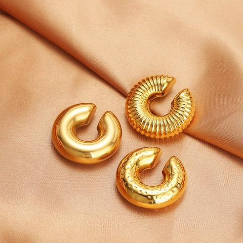 Chunky Stainless Steel C-Shape Ear Clips Gold Silver Plated Spiral Hammered Textured Non Pierced Earrings For Women Vintage Jewelry