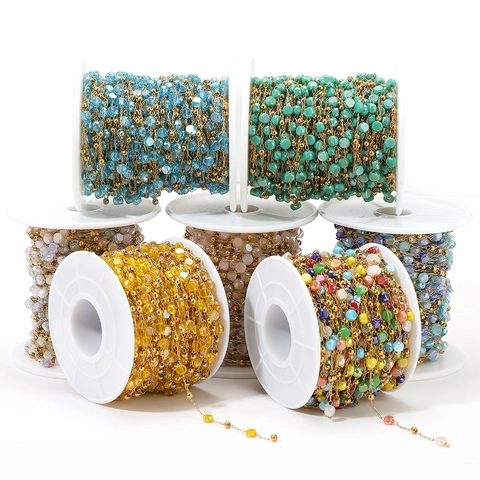 Stainless Steel Crystal Bead Chain For Jewelry Making DIY Faceted Glass Beads Gold Plated Handmade Bead Link Chain For Necklace Bracelet Accessory