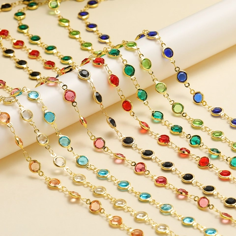 Stainless Steel Handmade Decorative Chain Colorful Glass Beads Round Link Chain DIY Necklace Bracelet Jewelry Making Supplies