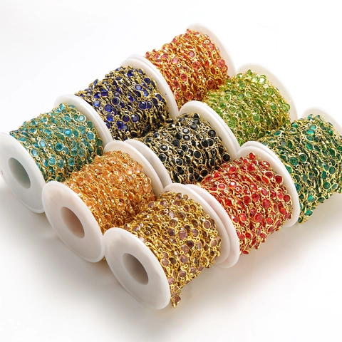 Stainless Steel Handmade Decorative Chain Colorful Glass Beads Round Link Chain DIY Necklace Bracelet Jewelry Making Supplies