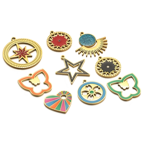 Stainless Steel Hollow Star Butterfly Heart Flower Pendants For DIY Jewelry Making Bracelet Necklace Dripping Oil Charms