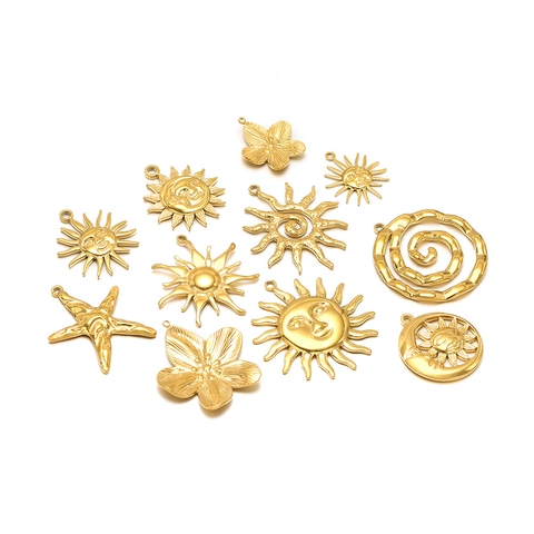 Ciondolo Faccia Sorridente in Acciaio Inossidabile Placcato Oro a Forma di Fiore per Accessori per la Creazione di Gioielli DIY