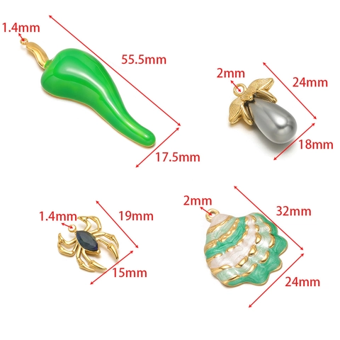 Stainless Steel Chili Pepper Spider Shell Pendant Charm Gold Enamel Rhinestone Artificial Pearl For DIY Jewelry Making Accessories