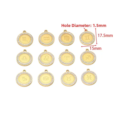 Douze Signes du Zodiaque Pendentifs Ronds en Acier Inoxydable Avec Strass Blancs Breloques de Constellation pour Bijoux DIY