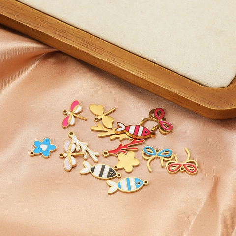 Edelstahl Emaille Herz Blume Fisch Schleife Libelle Koralle Anhänger Ohne Kette Vergoldet DIY Schmuckherstellung Zubehör