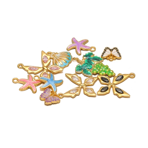 Stainless Steel Heart Lock Butterfly Starfish Shell Pendant Enamel Inlaid Rhinestone DIY Jewelry Making Accessories For Necklace Earrings