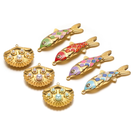 Stainless Steel Ocean Series Enamel Fish Shell Starfish Pendants Gold Plated DIY Necklace Earring Jewelry Making Accessories