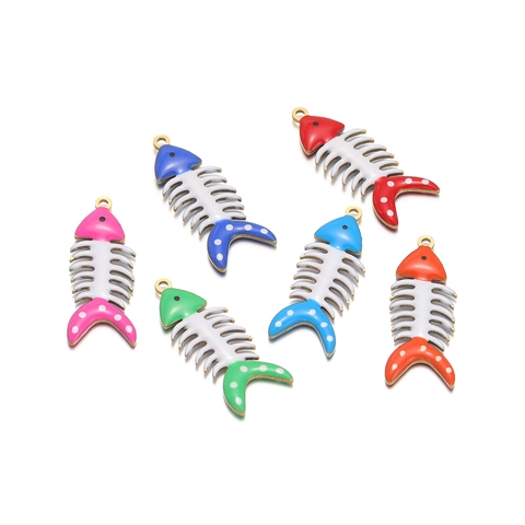 Stainless Steel Enamel Fishbone Pendant Charms For DIY Necklace Earring Making Cartoon Polka Dot Fish Bone Jewelry Findings