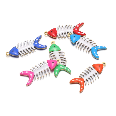 Stainless Steel Enamel Fishbone Pendant Charms For DIY Necklace Earring Making Cartoon Polka Dot Fish Bone Jewelry Findings