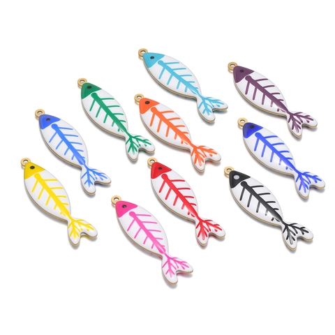 Stainless Steel Fish Bone Pendants For DIY Jewelry Making Colorful Enamel Drip Oil Charms For Necklace Earring Accessory