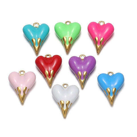 Stainless Steel Heart Pendant With Enamel Drip Oil Liquid Metal Design For DIY Necklace Earring Jewelry Making Accessory
