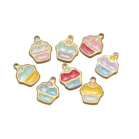 Stainless Steel Mushroom Pendants Enamel Colorful Gold Plated Cartoon Cupcake Style Charms For DIY Necklace Earrings Jewelry Finding Accessory