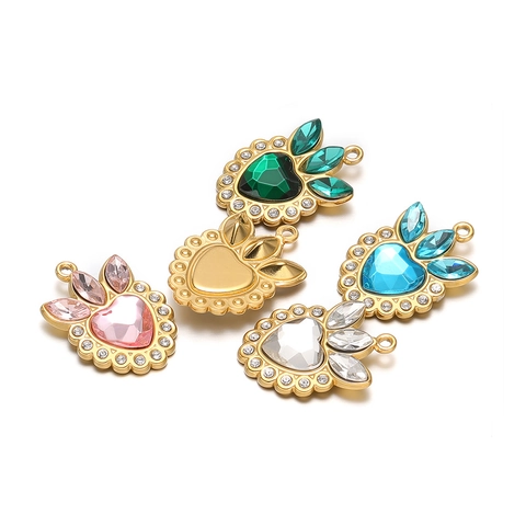 Retro Stainless Steel Crown Heart Rhinestone Pendant Only Without Chain Gold Plated Jewelry Making Findings For Women