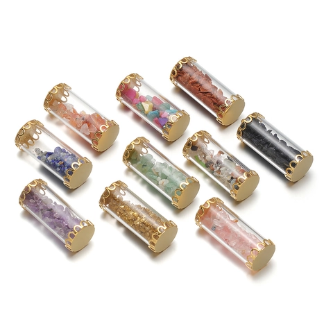 Stainless Steel Cylindrical Pendant With Natural Crushed Stone Glass Bottle Charm For DIY Jewelry Making Necklace Findings